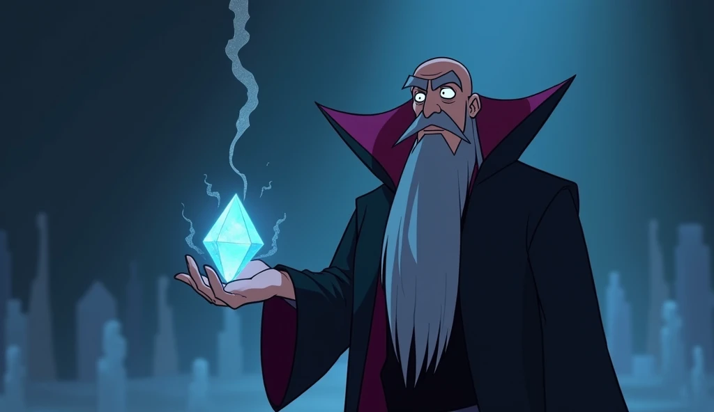 an image for a cartoon story of Disney-style YouTube videos, in Pixar format : Morpheus исчезает: An evil sorcerer with a piercing look and a long gray beard . He is wearing a dark cape with a hood. Morpheus , after losing his crystal , screams and dissolves into thin air , monsters disappear with him .