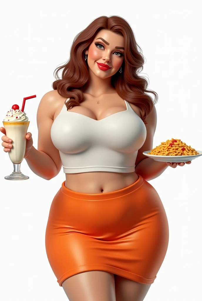 Hucow girl holding a big milk carton, masterpiece, candid photo, shy, short brown hair, big eyes, (detailed face), curvy, gigantic enormous breasts, two symmetrical horns, white (tight shirt), crop top, cute open (cow pattern) jacket, choker with bell, (in a colorful supermarket), mature female, thick thighs, earrings, high detail, ultra-detailed, retro, [big lipaster piece, best quality, face portrait