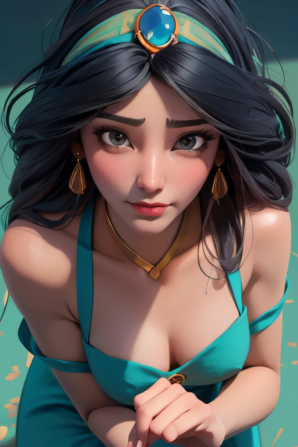 (masterpiece:1.3), (best quality:1.2), intricate details, (highly detailed skin:1.2), jasmine, (1girl:1.2), realistic, highres, beauty photo, tear drop , from above, cool mood, long hair , (black haircolor:1.3), Hourglass-Petite body shape, fill lighting, fcDetailPortrait, (tilted head:1.4), (sexy pose:1.3),  persian background , 