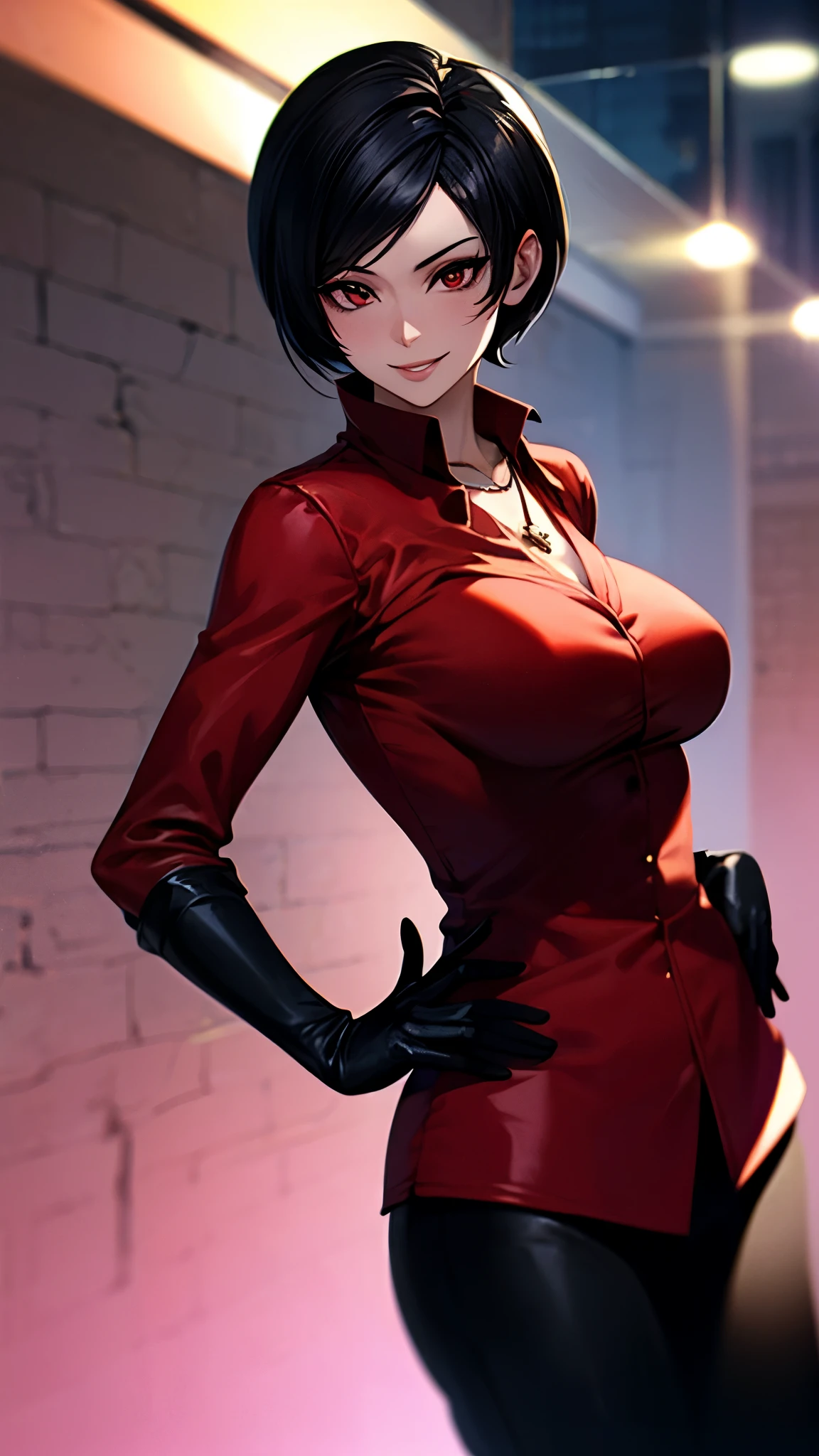 （ super quality, ultra high resolution,16k,super masterpiece,Ultra HD ,Detailed shading and background,）Photographing the upper body, ada wong,Short, straight, black hair ,（A red shirt suit that has been unbuttoned, spread wide, and stood straight,Folded sleeves, black long gloves,Tight black pants, black long boots ,） cross necklace, provocative smile ,Thick lips,Night City,