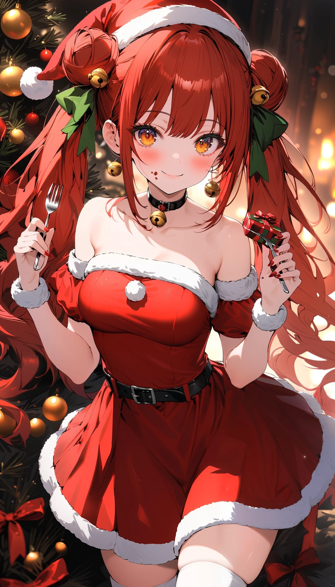 a red haired woman with red eyes is sucking on a candy cane in front of a christmas tree