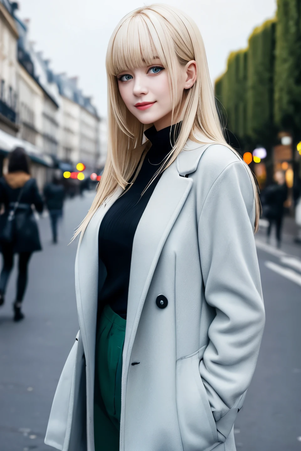 masterpiece, best quality, portrait, 1lady standing on a street corner, solo, upper body, casual, long hair, minimal makeup,  blue duffel coat, 
cargo pants,  (smile:0.8), home, looking forward, looking towards camera, front view, full front view face, forward portrait, looking at camera portrait, big breasts, long light platinum blonde hair, bangs, green eyes, closed mouth, Paris,  