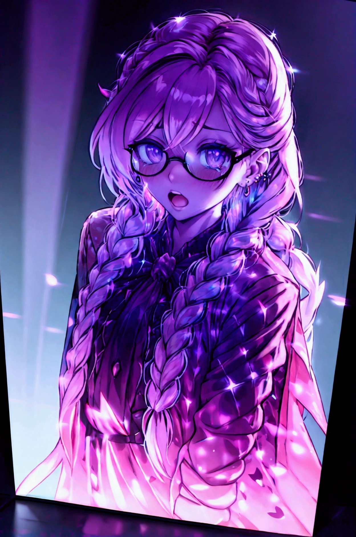 hair between eyes, french braid, crossed bangs, rimless eyewear, x-shaped pupils, tears, earrings, blush, open mouth, yandere, oral invitation, Verism, Pointillism, ray tracing, glowing light, framed, from above, Canon, wide shot, 16k, best quality, high details, anatomically correct