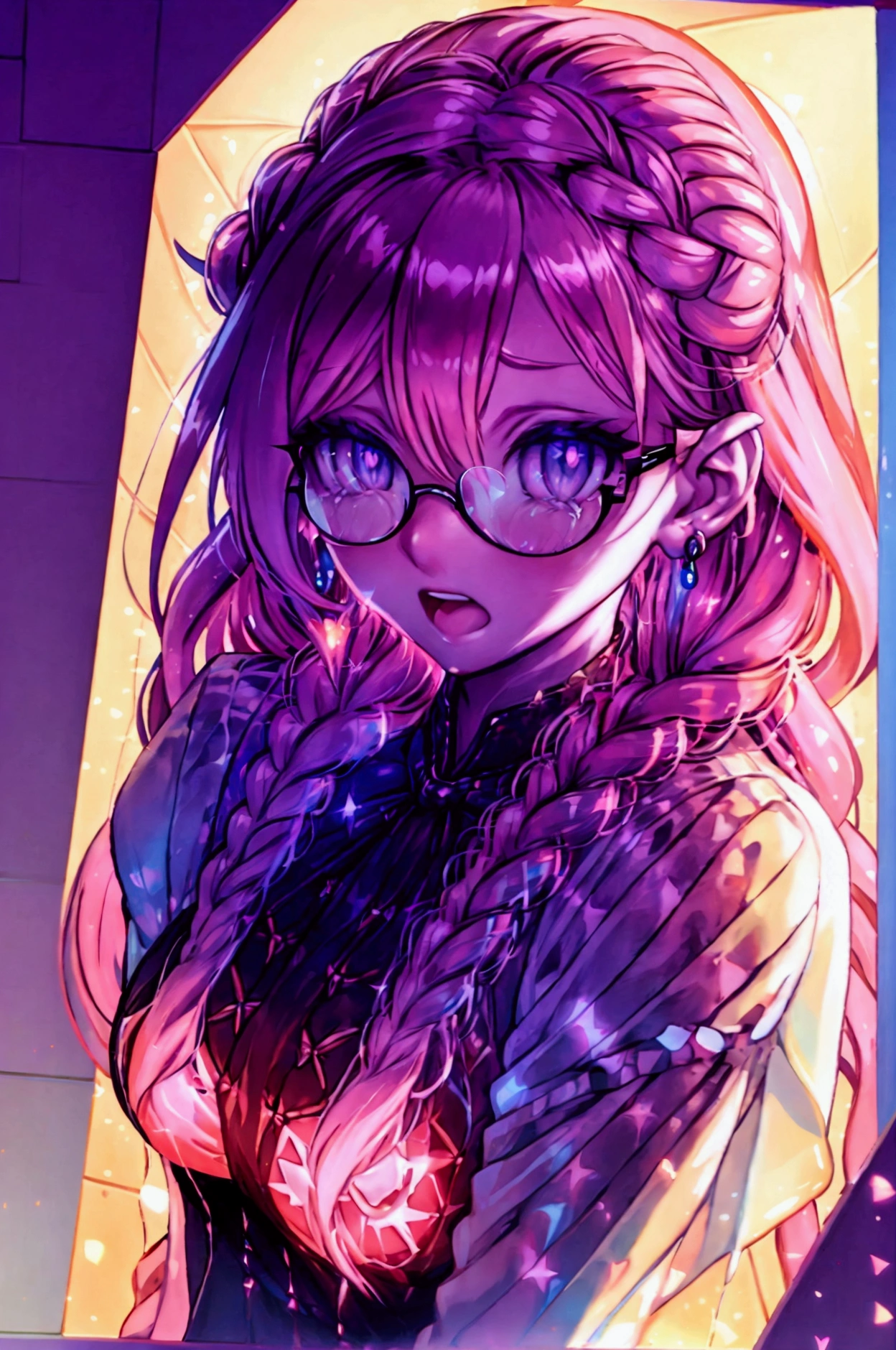 hair between eyes, french braid, crossed bangs, rimless eyewear, x-shaped pupils, tears, earrings, blush, open mouth, yandere, oral invitation, Verism, Pointillism, ray tracing, glowing light, framed, from above, Canon, wide shot, 16k, best quality, high details, anatomically correct