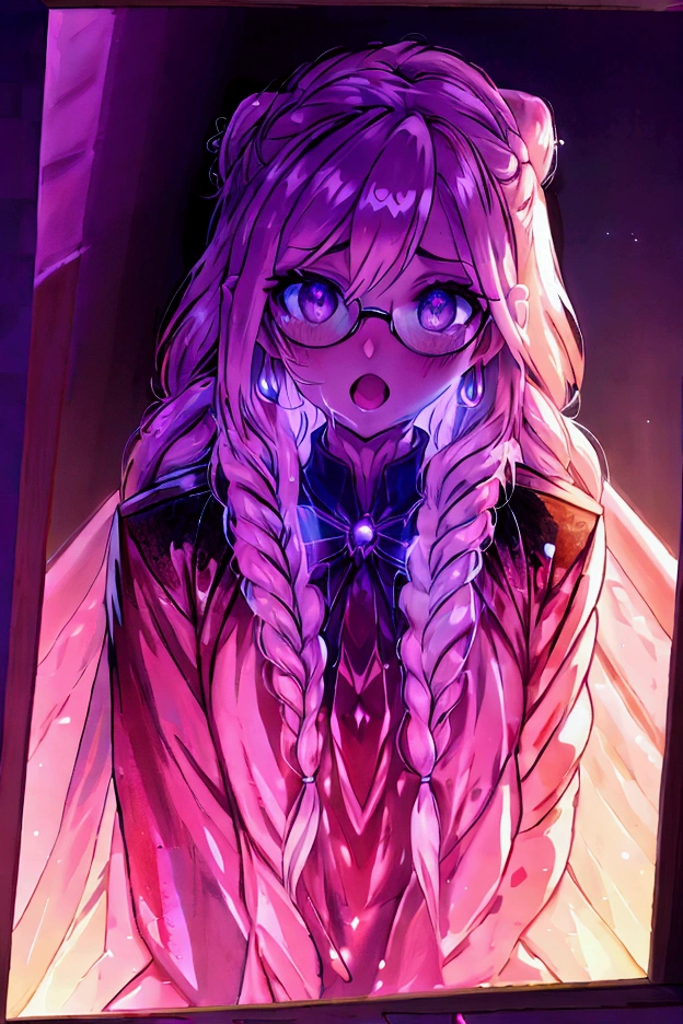 hair between eyes, french braid, crossed bangs, rimless eyewear, x-shaped pupils, tears, earrings, blush, open mouth, yandere, oral invitation, Verism, Pointillism, ray tracing, glowing light, framed, from above, Canon, wide shot, 16k, best quality, high details, anatomically correct