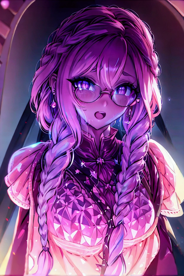 hair between eyes, french braid, crossed bangs, rimless eyewear, x-shaped pupils, tears, earrings, blush, open mouth, yandere, oral invitation, Verism, Pointillism, ray tracing, glowing light, framed, from above, Canon, wide shot, 16k, best quality, high details, anatomically correct