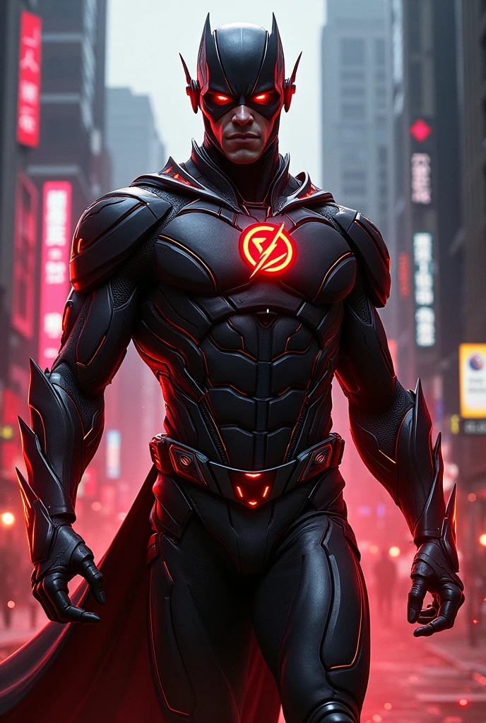 a dark portrait of DC&#39;s Evil Flash with intricate, angular cybernetic implants inside a brutalist building, gothic brutalist cathedral, cyberpunk, Photo, award winning, hips, neon lights, cybernetic limb