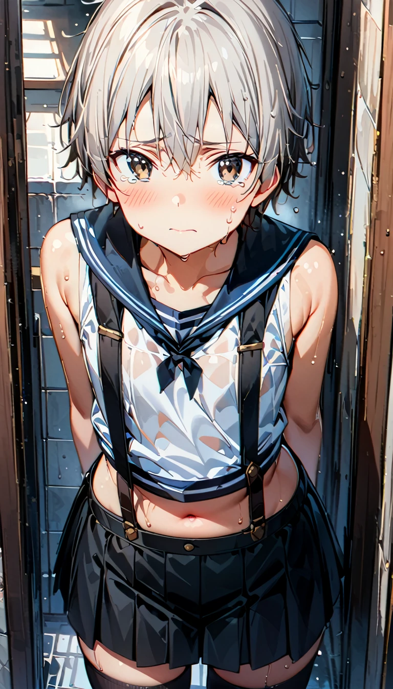 (curvy, flat chest, (tented costume)), (sleeveless white crop top, crop top navel, black pleated miniskirt, (suspenders)), ((1boy, kiriko\(SAO!\), SAO!)), beautiful detailed eyes, yellow eyes,(cute eyes), black thigh highs, arms behind back, (Carving Waistline), Shower room, (cowboy shot, from front), Best Quality, Super detailed, masterpiece, Ultra-high resolution, 8k, Embarrassing, blush, Nice, (With tears in my eyes), closed mouth, sweat, (((boy face, boy like face line)))