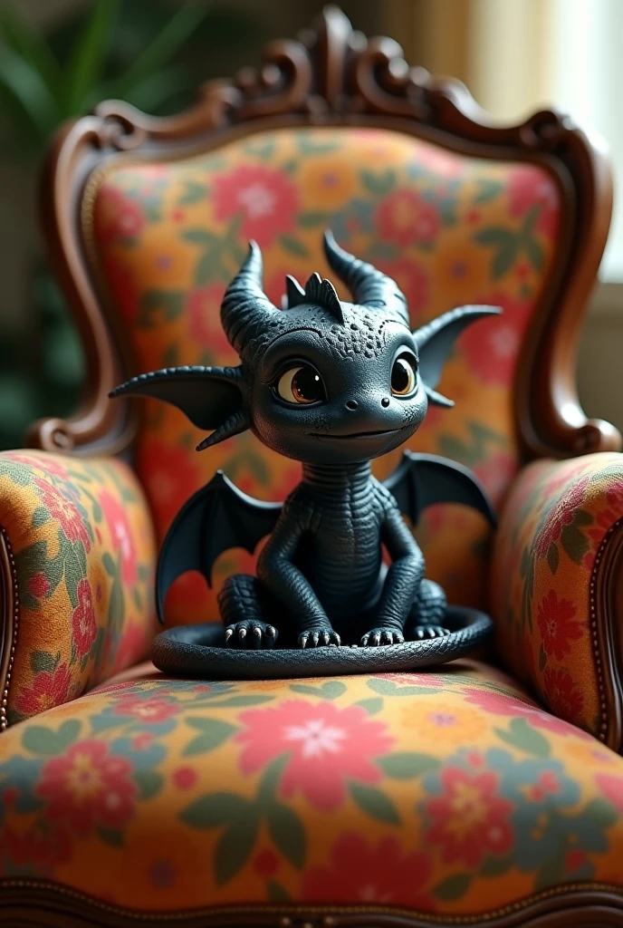 Sur un fauteuil Louis XV avec un tissu de fleurs multicolores vifs et un bébé dragon noir tout mignon assis dessus