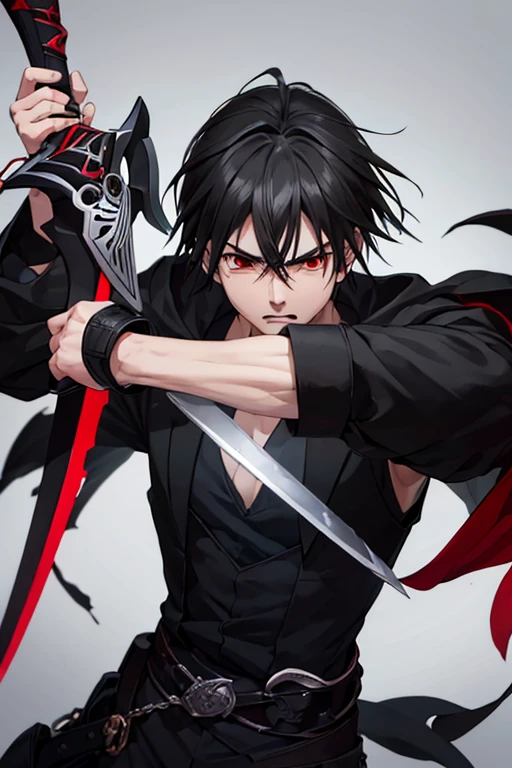 1 men, red eyes, black hair, angry face, master piece, ((master piece)), ((high quality)), ((high detail)), 1 sword, noche, combate pose, white shirt, black vest, hands up