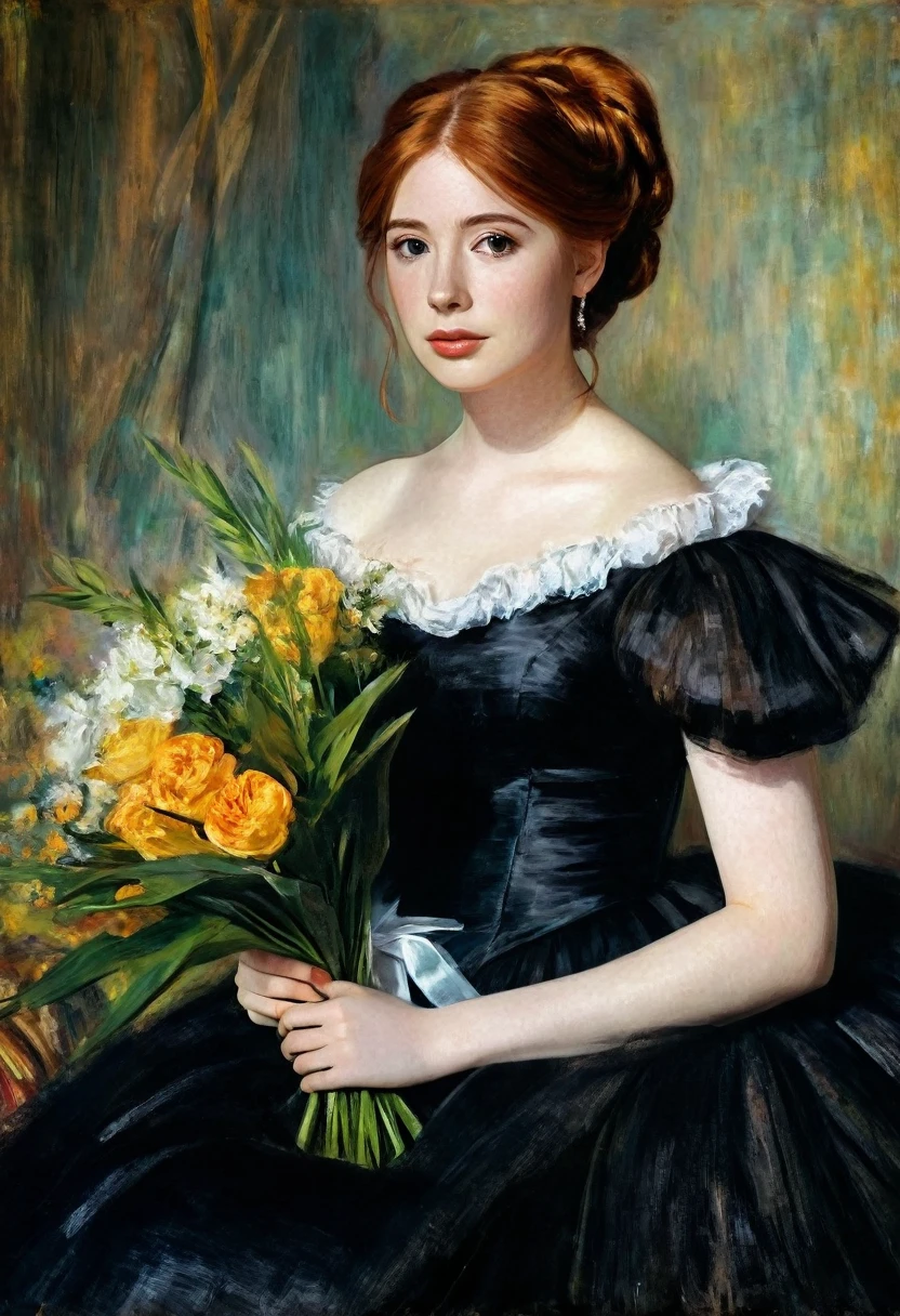 young Karen Gillan in a black dress with a bouquet of flowers, Portrait of an actress, inspired by Franz Xaver Winterhalter , Portrait of Lolita, Auguste Renoir , Degas, portrait of a young empress , young woman , , portrait of young woman