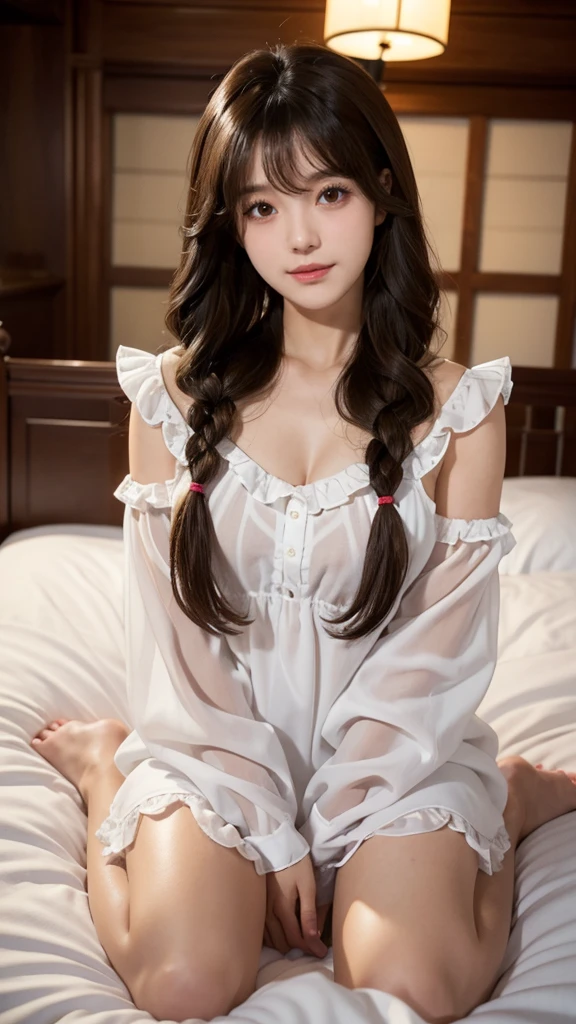 Sleeping girl, 19 years old, realistic, she is wearing small dress, she is wearing transparent dress, [nfsw,],brown hair.