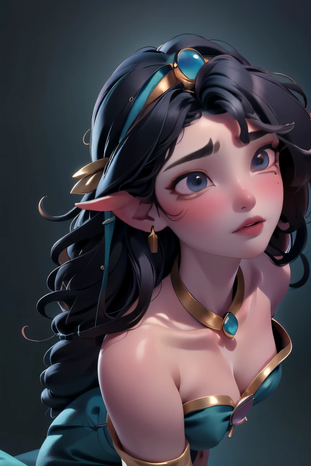 cute girl, (violet hair), ((very long curly hair)), perfect face, (yellow eyes), (naked), (small chest)), ((21 years old)), skindentation, extreme detail, attractive angular face, red lips, pink nipples, glossy skin, detailed hair, face focus, close-up chest, ornamental gold necklace, gold earrings, ((1 girl)), embarrassed expression, elf ears, innocent smile