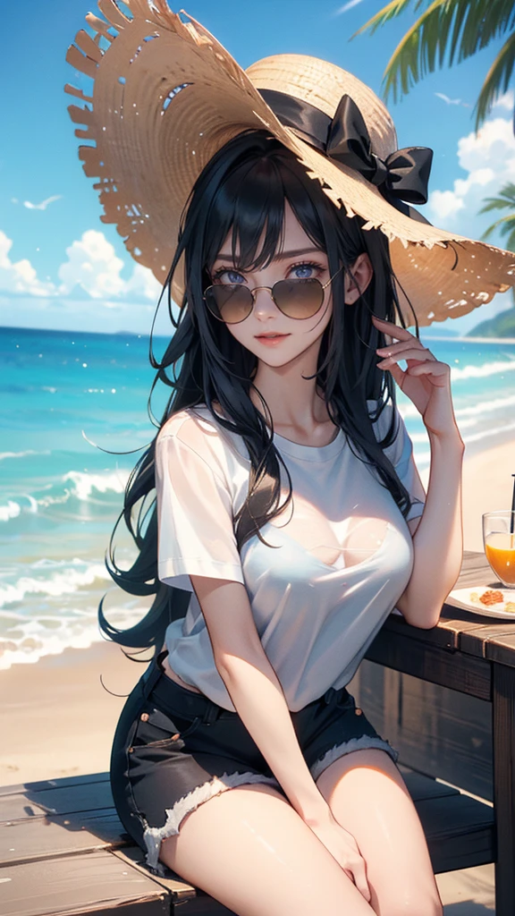 White tank top、14 years old、beautiful girl、Long Hair、Black Hair、A Cup、Beach、Jean Shorts、Armpits are visible