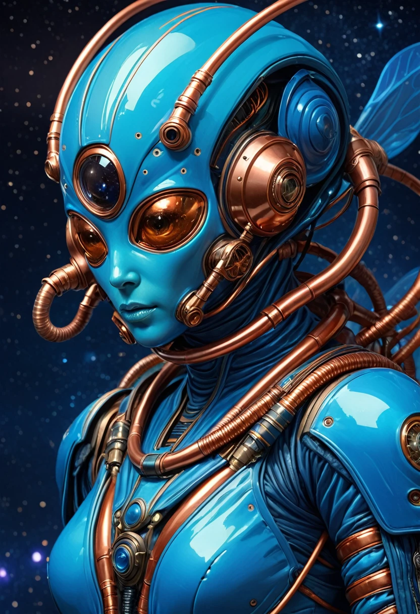  Best Quality ,  masterpiece : 1,1),  A fantastic view of an insectoid alien ., a blue space suit ,  entangled with thin hoses and copper tubes ,  hyperrealistic,  sketch , this  masterpiece  of digital art can be compared with the wonderful works of Artgerm, Greg Rutkowski and Alphonse Mucha.