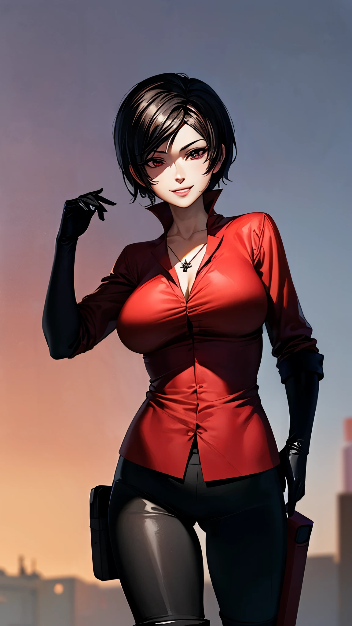 （ super quality, ultra high resolution,16k,super masterpiece,Ultra HD ,Detailed shading and background,）Photographing the upper body, ada wong,Short, straight, black hair ,（A red shirt suit that has been unbuttoned, spread wide, and stood straight,Folded sleeves, black long gloves,Tight black pants, black long boots ,） cross necklace, provocative smile ,Thick lips,Night City,