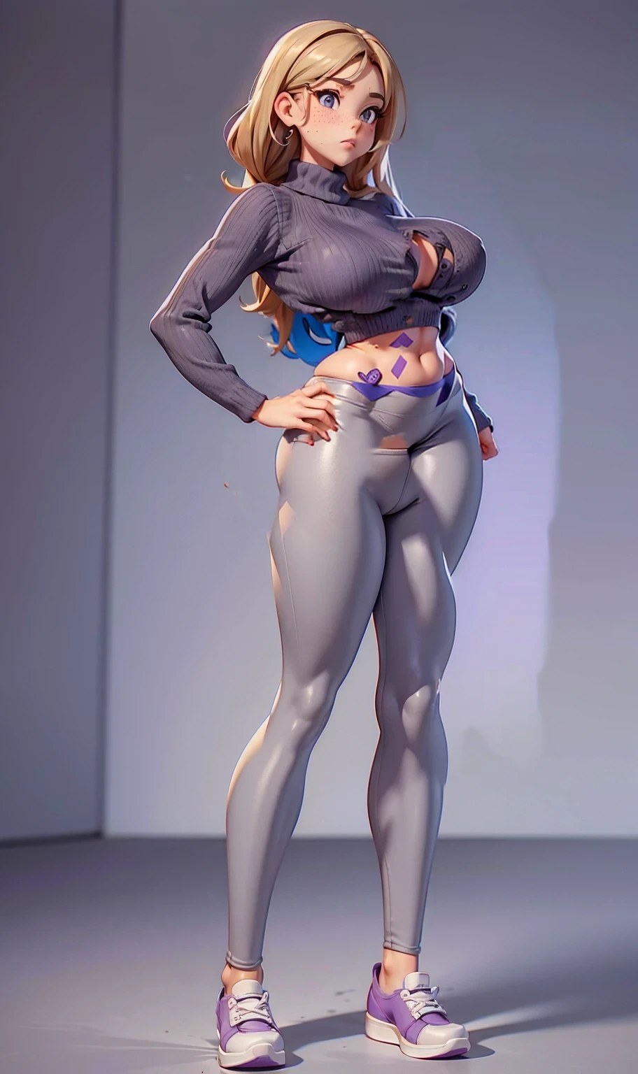 solo, full body shot, sparkling glossy blue big eyes, blue eyes, (great proportion:1.2), (medium sharp breast:1.2), 8k, realistic cartoon, young girl, masterpiece, standing, cowboy shot, arms at sides, yoga pants, 8k, slim figure, medium bust, curvy girl, beatrice1, slim waist and hips, long fit slender legs, accurate medium breast, (realistic style), thin and elegant hands, neat palms, perfect hands, holds his hands behind his head, neat feet