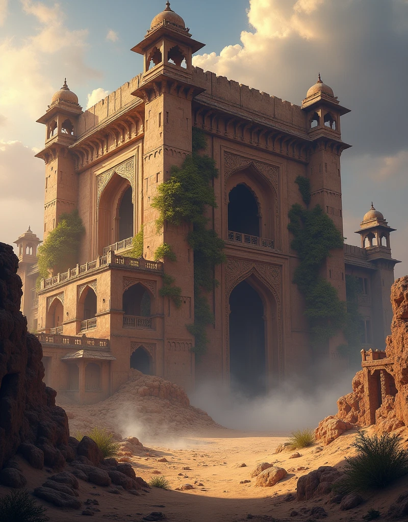 masterpiece, masterpiece, Hyper-Realism, cinematographic image, 8K, Depth of field, cinema lighting, A post-apocalyptic long shot of the typical iconic image of the Taj Mahal., (in ruins),Full of greenery, image Post apocalyptic and dystopian., dome route