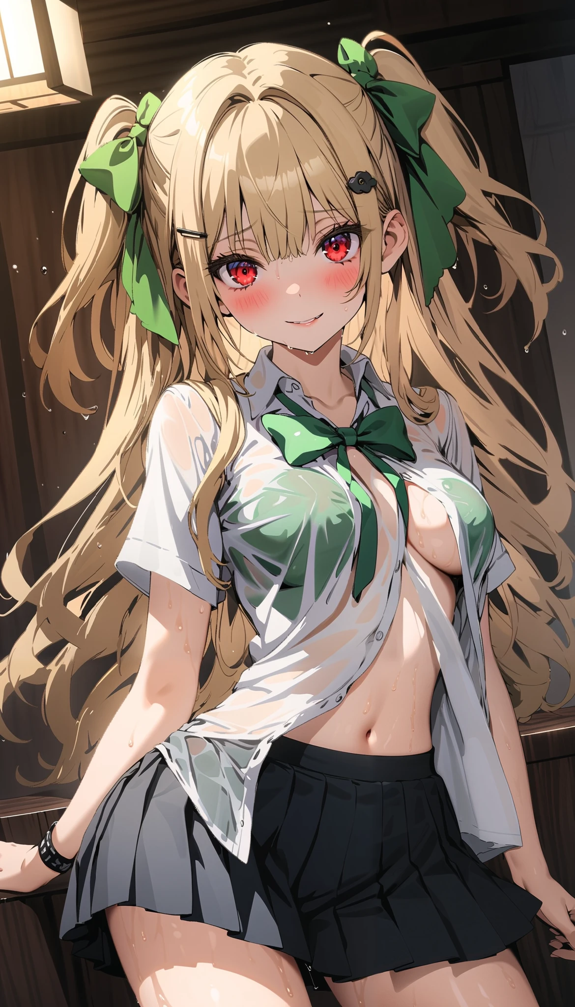 NSFW,(One girl:1.5),Blonde,Very long hair、Messy Hair、Flat Chest,hair ornaments、hair band、Bleaching、Haori、belly button、Black gloves、Pleated skirt、Green skirt、White knee socks、Cleavage,kimono,(Perfect hands),(Perfect Anatomy),(masterpiece),(highest quality),(Embarrassed:1.5),blush,Shy laugh,Night Park,Street lamp