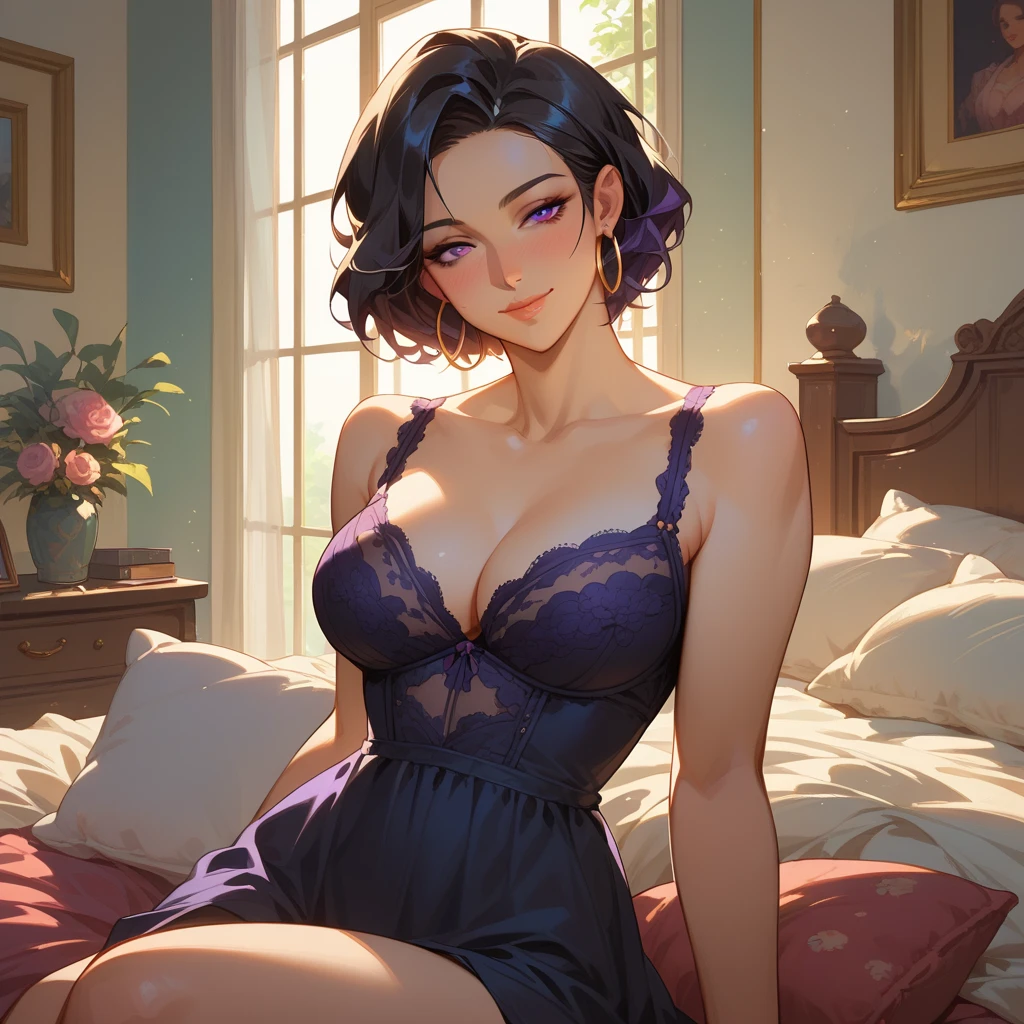 sitting, wariza, head tilt, light smile, Half-closed eyes, blush, Beautiful mature woman, purple eyes, black hair short hair, lace trimmed lingerie, hoop earring、 cowboy shot, bedroom, pillow, throw, Atmospheric Perspective, 8k, super detailed