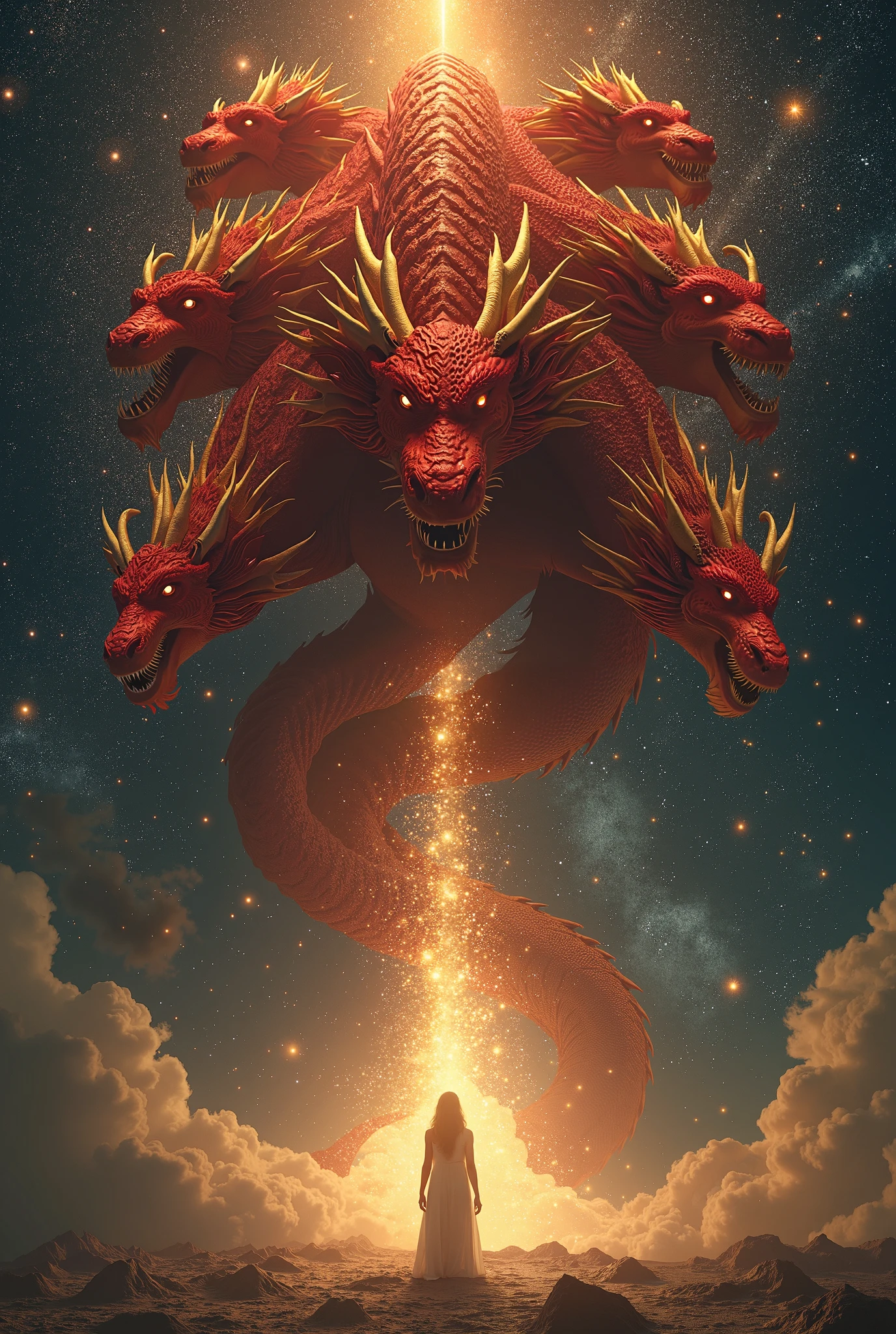 Then another sign appeared in heaven.; and look, a huge red dragon, seven-headed and ten-horned, and on his head were seven crowns. And its tail drew a third of the stars of heaven and threw them to the earth.. And the dragon stood in front of the woman who was about to give birth, to swallow her child, as soon as the woman gave birth to Him