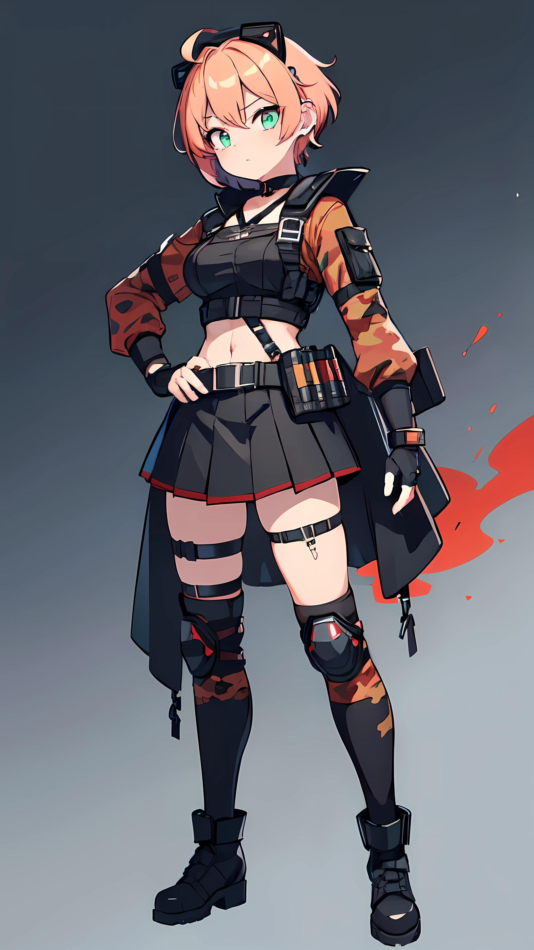 1girl, curly red pixie cut hair, green eyes, wearing crop top black shirt, red plaid skirt, (black knee high boots), thigh high socks, black fingerless gloves, jacket, exposed shoulders, thick thighs, (full body), large breasts, freckles, abs, absurdres, high res, ultrasharp, 8K, masterpiece, looking at viewer
