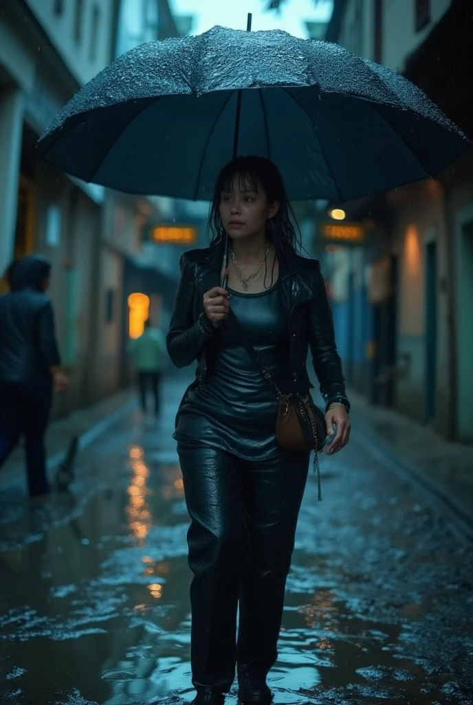 A person walking in the rain, detailed portrait, realistic, wet hair, raindrops on face, umbrella, street with puddles, city buildings in background, dramatic lighting, cinematic atmosphere, moody colors, blue and gray tones, photorealistic, 8k, best quality, masterpiece