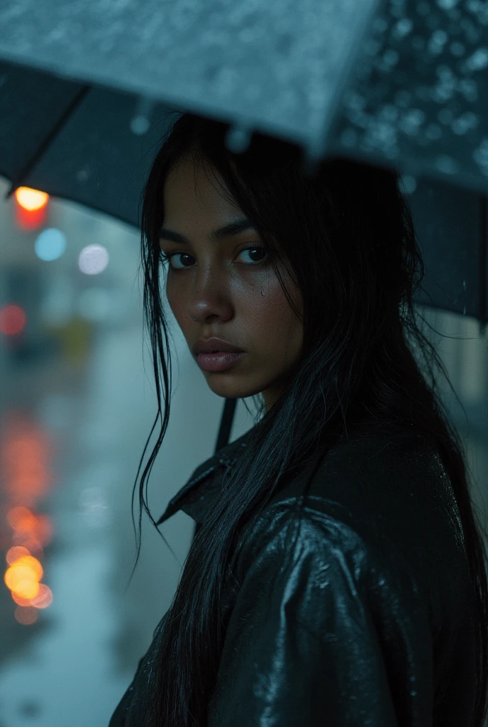 A person walking in the rain, detailed portrait, realistic, wet hair, raindrops on face, umbrella, street with puddles, city buildings in background, dramatic lighting, cinematic atmosphere, moody colors, blue and gray tones, photorealistic, 8k, best quality, masterpiece