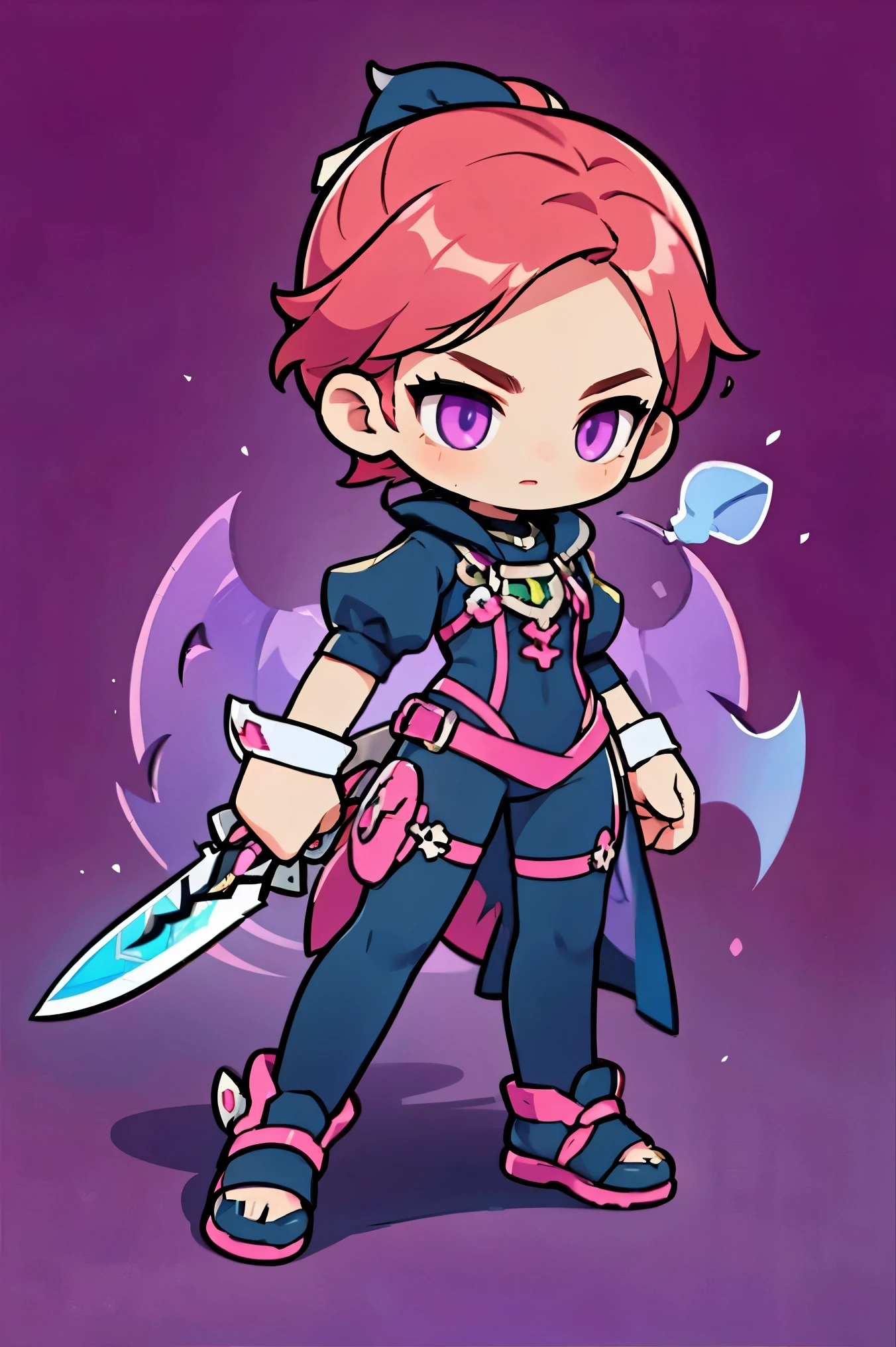 witch style  ,   pink and purple full body clothes, natural background.  red hair,  straight and short hair  , purple eyes , green skin, Elegant poses  ,  half side ,   dynamic battle pose ,   is holding a combat knife . defensive posture 