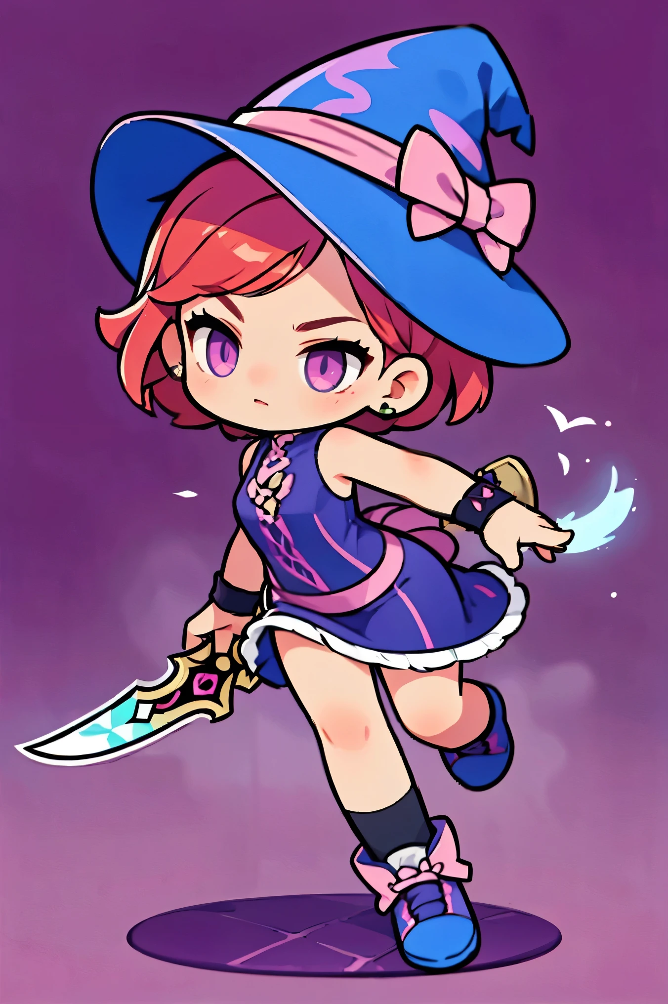 witch style  ,   pink and purple full body clothes, natural background.  red hair,  straight and short hair  , purple eyes , green skin, Elegant poses  ,  half side ,   dynamic battle pose ,   is holding a combat knife . defensive posture 