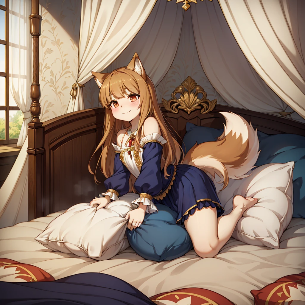 （masterpiece，best quality），mine, The Beast, , ( ））,  cute girl posing on pillow,，nature,, (blush),a smile，Pillow,（Lots of Pillow），Soft cushion，（canopy bed），（Pillow），Lots of Pillow，（Friction in the crotch），（（PillowCamel）），（A tail），（Around the protagonist），steam，（Pillow），（LuxuryPillow），（Palace Pillow Pattern Pillow），（palace），（Palace bedroom），（Gorgeous Pattern Pillow），Soft Pillow，，（Classical European style bedroom ），（excited，shy person，Lack of expressiveness，），pillow hump,，(Deluxe Rococo Canopy King Bed),Luxurious curtains with ornate ruffles and ribbons hang around the large bed.,((((The bed is piled with many Pillows)))),Quilt details,Detailed bed linen,Ruffled Bed Skirt,Deep Bed,Background with depth,((Pillow in detail)), ((((A Lot of Pillow))))，,，Detailed Soft Pillow,,((女孩正躺在许多Soft Pillow上,There are many Pillows around))，、、In a large canopy bed、Soft sheets and quilts、Colorful soft Pillow、Lots of Pillow、Soft toned bed、Ruffled curtains around the bed.。Delicate face，（Ornate pattern pillow），Soft pillow，，（ classical European style bedroom  ），，holo，wolf girl，，（more pillows)，，,,MASTURBATING WITH PILLOW,pillow humping, crotch rub,Exhale hot air，steam， Wolf and Spice