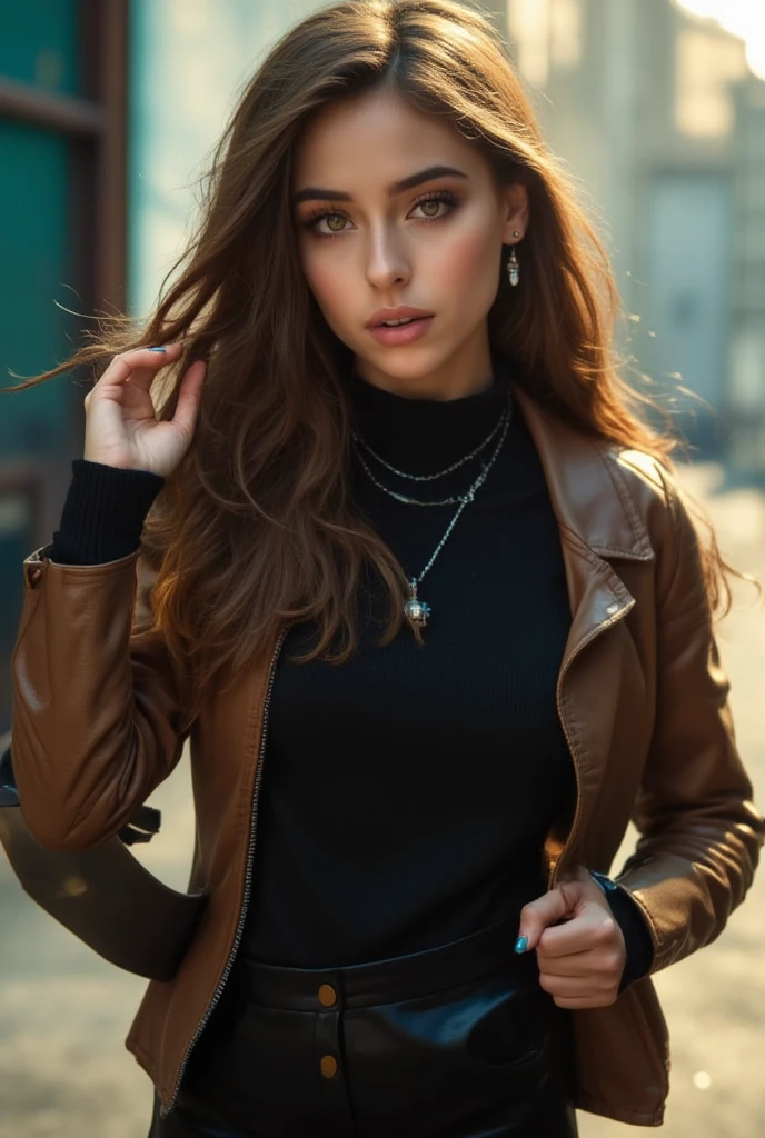 rolua,, , 1girl, ahoge, bangs, black skirt, black sweater, blue nails, blurry, blurry background, breasts, brown eyes, brown hair, brown jacket, closed mouth, dated, day, depth of field, earrings, eyelashes, hand up, head tilt, jacket, jewelry, long hair, long sleeves, looking at viewer, medium breasts, nail polish, open clothes, open jacket, outdoors, puckered lips, shirt tucked in, sidelocks, skirt, sleeves past wrists, solo, sweater, upper body, zipper, , , ((masterpiece)), , 