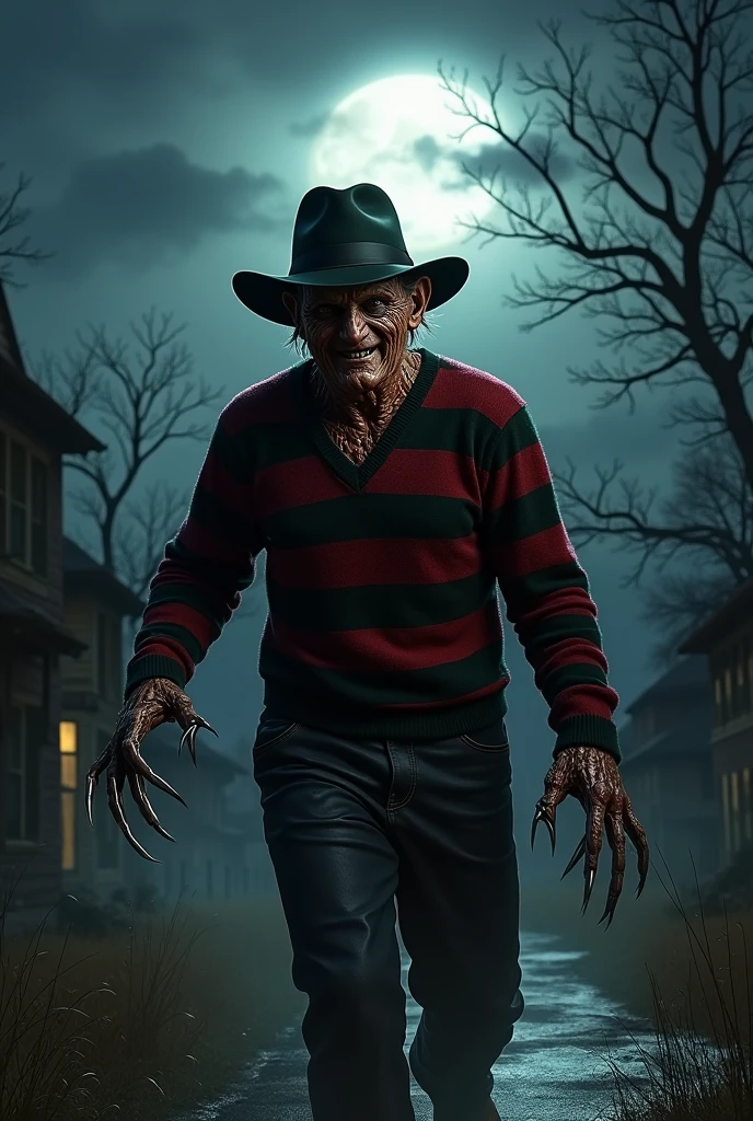 Freddy Krueger, Highly detailed, stylized illustration featuring a menacing figure with a grotesque, scarred face and pale skin. The character is wearing a dark brown fedora and a red and green striped sweater. His right hand is equipped with a glove that has long, sharp blades extending from the fingers, which are dripping with blood. The background shows a suburban street with a street sign labeled 'Elm St.' and a full moon illuminating the night sky. The overall color palette is dark and eerie, with a mix of deep blues, greens, and reds, enhancing the horror theme of the image.anatomicamente correto, super detalhado, alta qualidade, 4K, anatomicamente correto, altos detalhes, superdetalhado, 4K