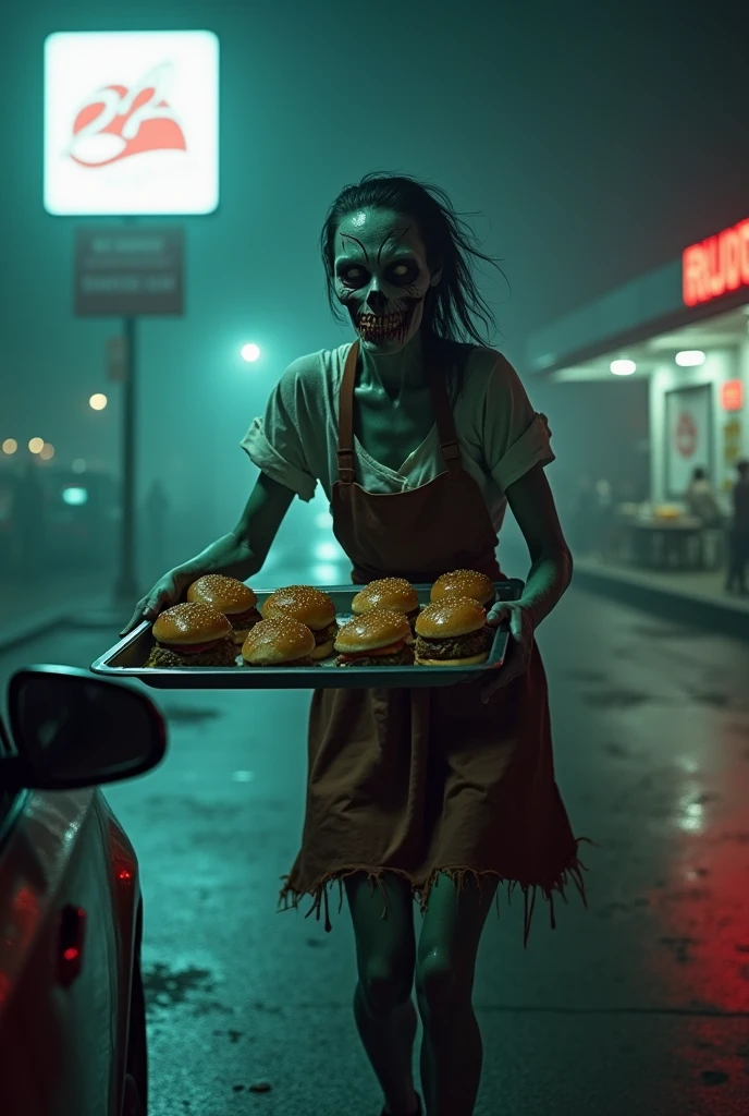 A friendly zombie fast food worker (cute woman, mouth stitched shut some decay, death pallor, work uniform) working behind a counter serving customer zombies brain themed items, restaurant name 'Brains'
