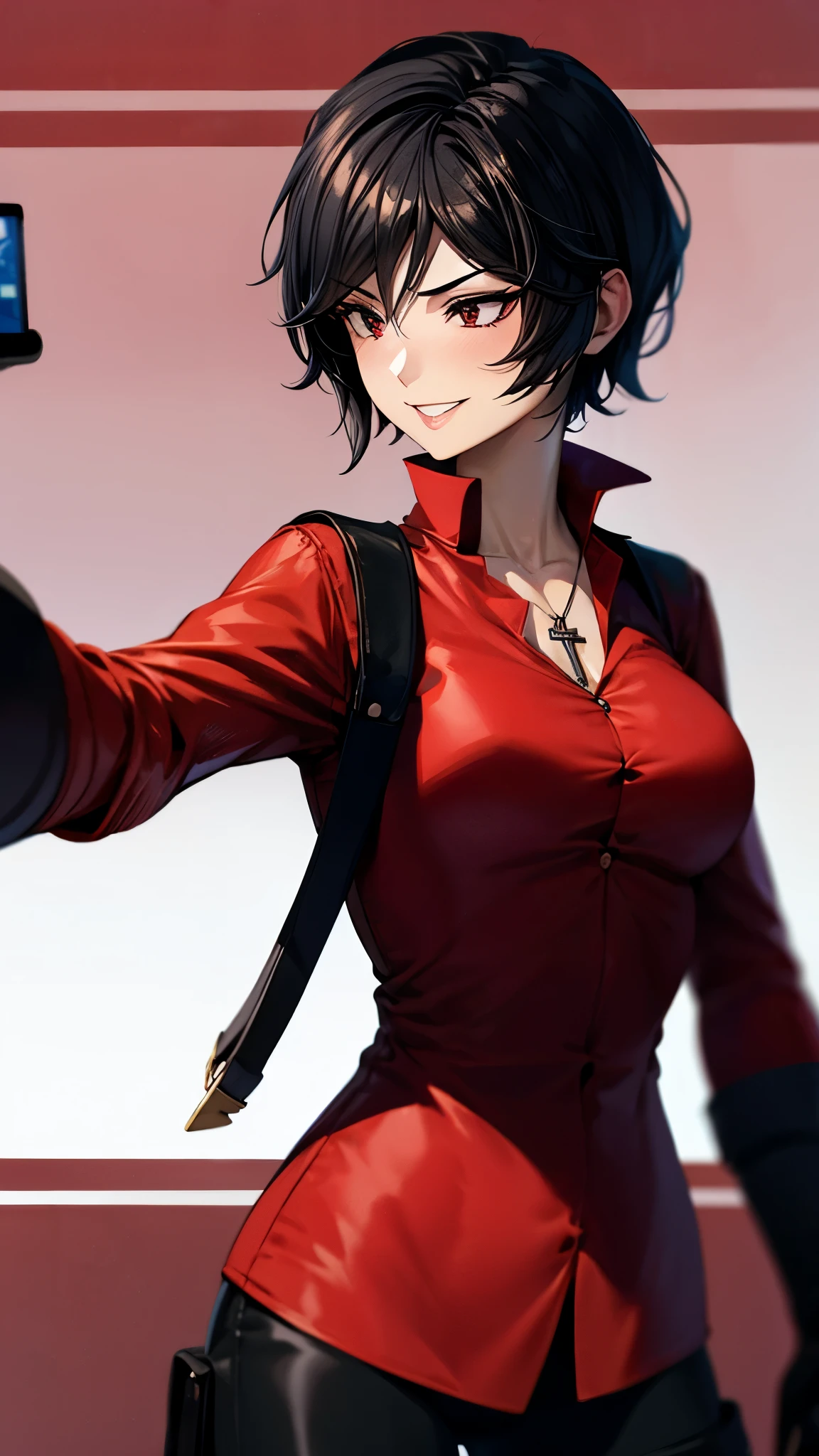 （ super quality, ultra high resolution,16k,super masterpiece,Ultra HD ,Detailed shading and background,）Photographing the upper body,Short, straight, black hair ,（A red shirt suit that has been unbuttoned, spread wide, and stood straight,Folded sleeves, black long gloves,Tight black pants, black long boots ,） cross necklace, provocative smile ,Thick lips,Night City,