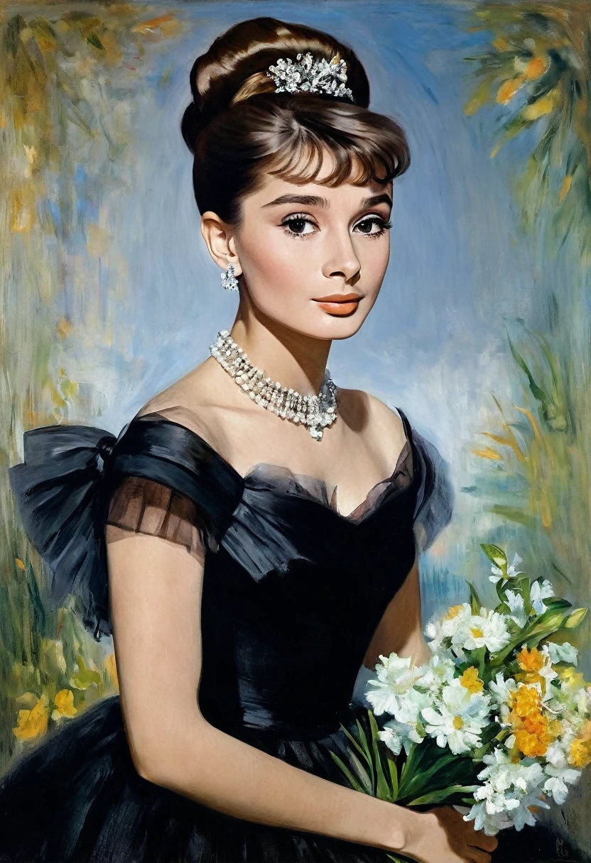 young Audrey Hepburn in a black dress with a bouquet of flowers, Portrait of an actress, inspired by Franz Xaver Winterhalter , Portrait of Lolita, Auguste Renoir , Degas, portrait of a young empress , young woman , , portrait of young woman