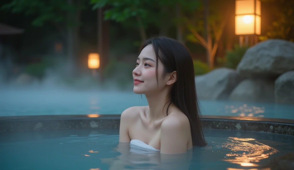 (night:1.7), oriental architecture, 1 woman, ((hot spring, onsen:1.4)), moist skin, ((fog:2.1)), (steam rising:1.8), glowing skin, glossy skin, ((partially submerged in hot spring:1.4)), a small white towel loosely covering the body. , perfect eyes,perfect face,（smile：0.3），official artwork，Very detailed CG Unity 8k wallpaper、bright_front_face_lighting，（tmasterpiece:1.0），(best_quality :1.0),ultra high resolution,4k,detailed detail,high resolution of,8k,nffsw,high resolution,absurderes:1.2,kodak portra 400,film grain,lens flare glow,（beautiful_face:1.4），8k,raw footage,(outdoor bath drawn wider:1.4) ,(wet hair:1.3),((beautifully depicts depth and width:1.3)),((The outdoor bath is surrounded by a Japanese garden and large rocks, with only two small lights.:1.3)), ((smooth white skin: 1.3)),