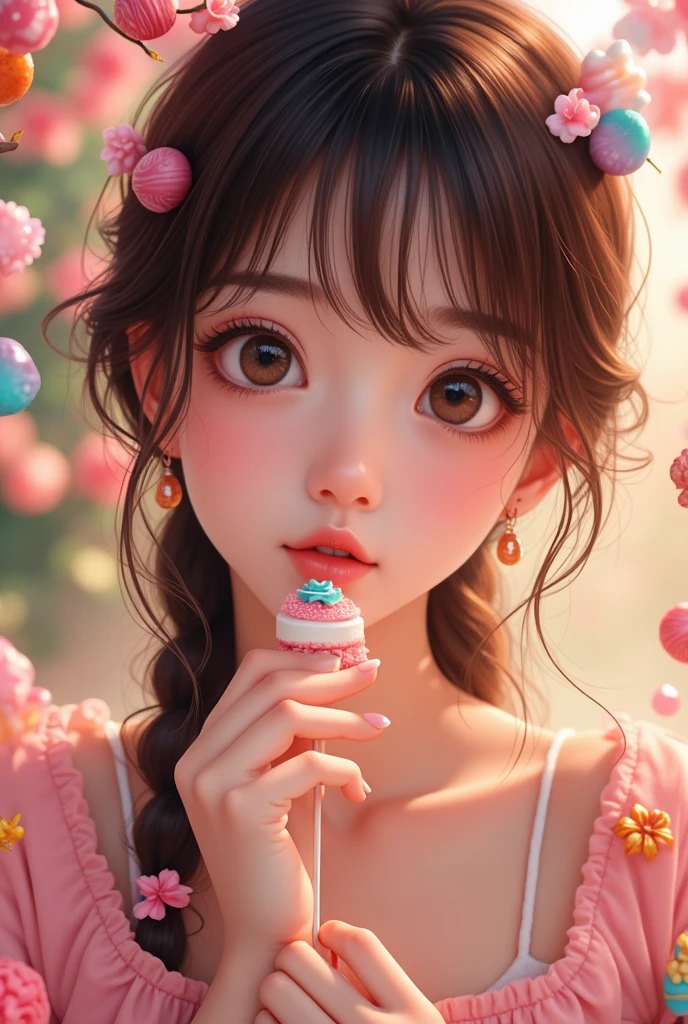 a beautiful anime girl, extremely detailed eyes and face, long eyelashes, beautiful detailed lips, holding candy, surrounded by sweets, chocolates, candies, colorful candy background, pastel colors, soft lighting, warm colors, hyper detailed, 8k, high resolution, masterpiece, photorealistic