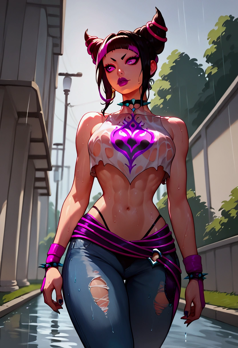 score_9, score_8_up, score_7_up, score_6_up, score_5_up, score_4_up, solo, 1girl, Juri Han, purple eyes, black hair, bangs, hair horns, multicolored hair,streaked hair, makeup, lipstick, wearing pink and white skull tank top, wet tank top, midriff, ripped jeans, black thong, walking in the rain, rain, walking, exceptionally beautiful, very sexy toned body, narrow waist, low angle dutch angle, park background.