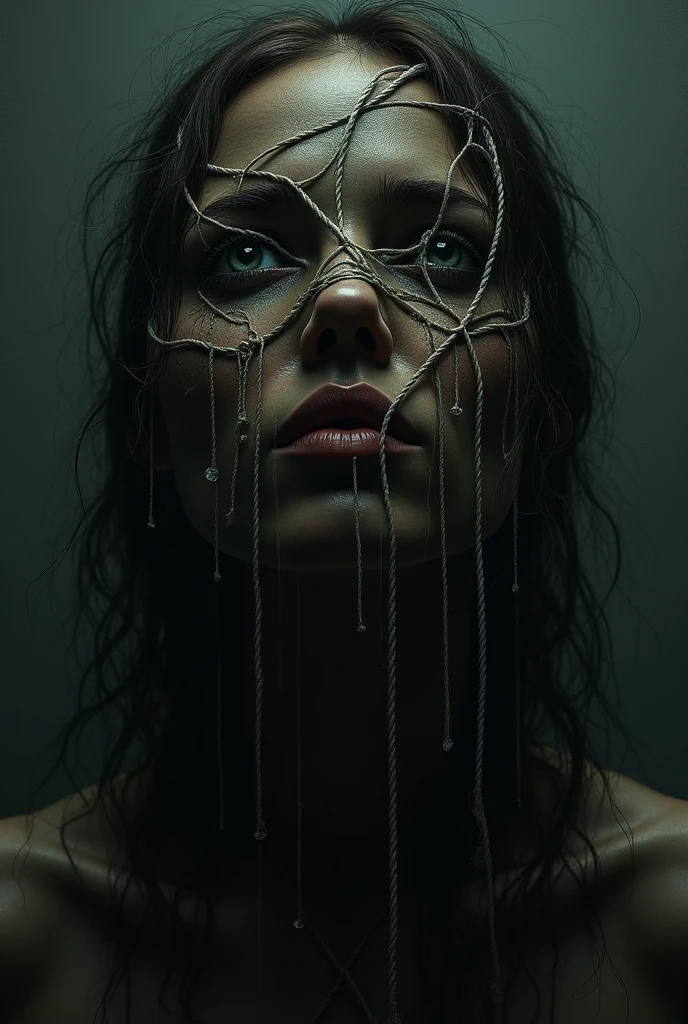 a masterpiece, hyper-detailed, image of a young (20 years old) Nude Woman modeled on Maisie Williams, Nude, with long unkept hair, physically fit body, perfect face with perfect eyes, Trapped and ensnared within a net  a lush temperate forest during the late evening hour