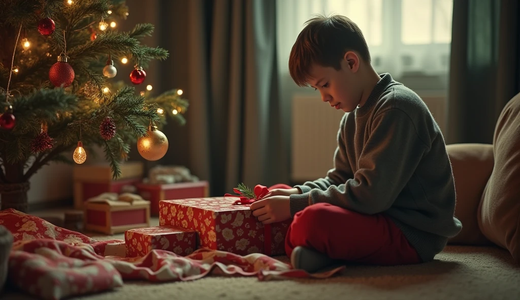 image of a boy with light brown hair, light brown eyes, wearing a dark blue shirt, with light brown pants, sitting in a white armchair, opening a gift, surrounded by several children