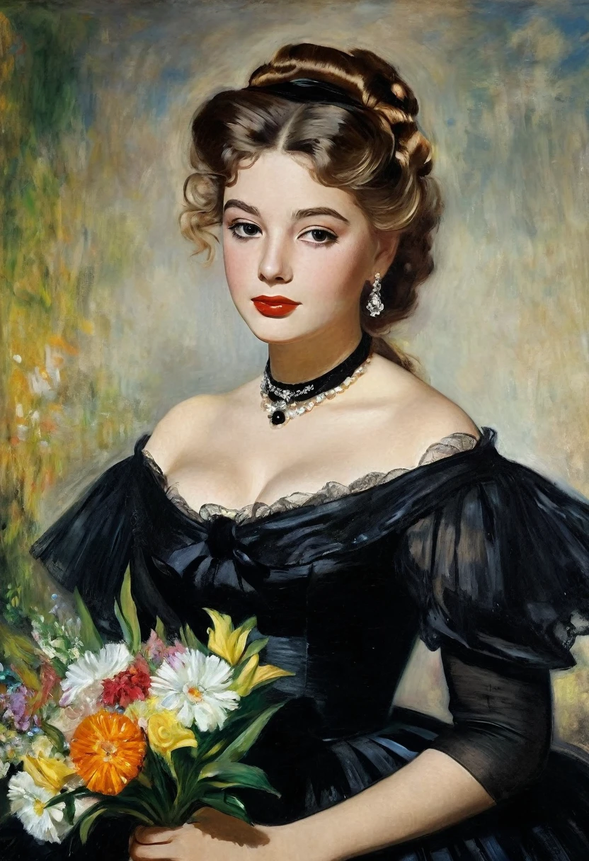 young Jane Marie Mansfield in a black dress with a bouquet of flowers, Portrait of an actress, inspired by Franz Xaver Winterhalter , Portrait of Lolita, Auguste Renoir , Degas, portrait of a young empress , young woman , , portrait of young woman