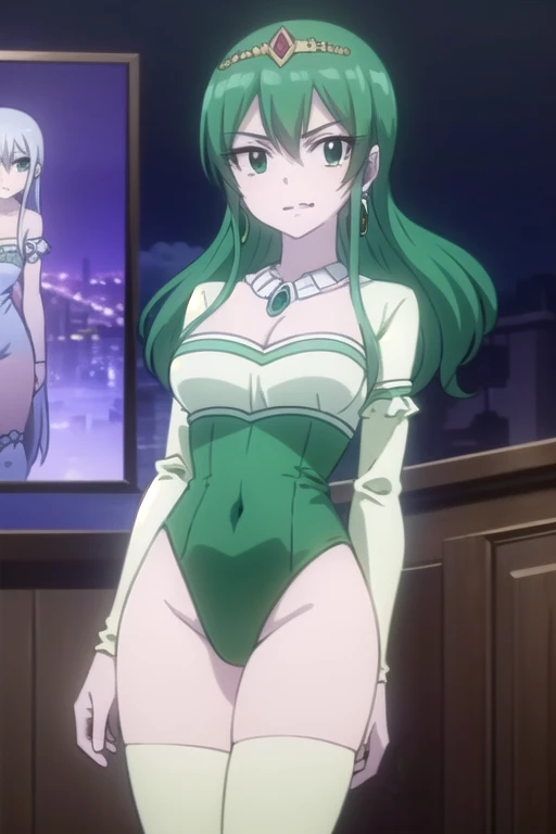 hisui, long hair, (green eyes:1.5), green hair, hair between eyes, (One Person), (Masterpiece, Best Quality), (A Gorgeous 25 Years Old British Female Vampire Mercenary), (Pale Skin with Hidden Fangs), (Wearing an elegant leotard, tailcoat and pantyhose), (City Road at Night with Moonlight), (Dynamic Pose), Centered, (Half Body Shot:1.4), From Front Shot, Insane Details, Intricate Face Detail, Intricate Hand Details, Cinematic Shot and Lighting, Realistic and Vibrant Colors, Masterpiece, Sharp Focus, Highly Detailed, Taken with DSLR camera, Depth of Field, Realistic Environment and Scene, Master Composition and Cinematography, earrings, tiara, crown, looking at viewer, (cowboy shot:1.5), (masterpiece:1.2), best quality, high resolution, unity 8k wallpaper, (illustration:0.8), (beautiful detailed eyes:1.6), smile