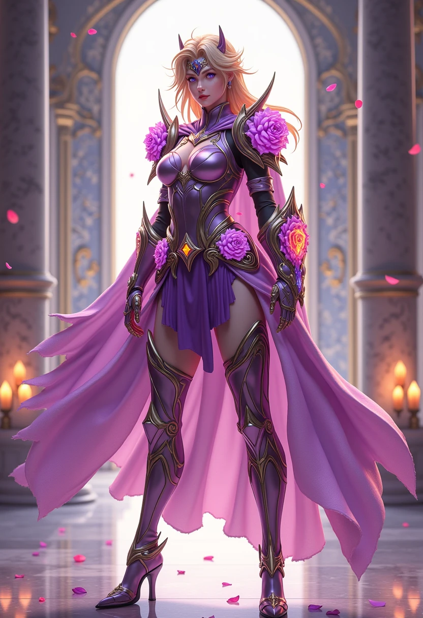 Masterpiece, 1girl, armor, bikini armor, boots, breasts, castle, cleavage, closed mouth, day, flower, full body, emerald eyes, perfect breasts, long hair, looking at viewer, midriff, navel, outdoors, pauldrons, pelvic curtain, pink hair, shoulder armor, sky, smile, solo, standing, tree, unarmed, Genshin Impact style