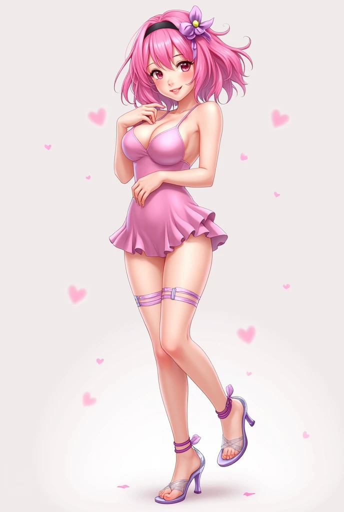 A woman, ANIME STYLE BOKU NO HERO ACADEMY, Her clothes are very revealing, peachy pink eyes, pastel pink hair, short with a cloudy tone, some pink boots, She has pink cheeks just like her lips