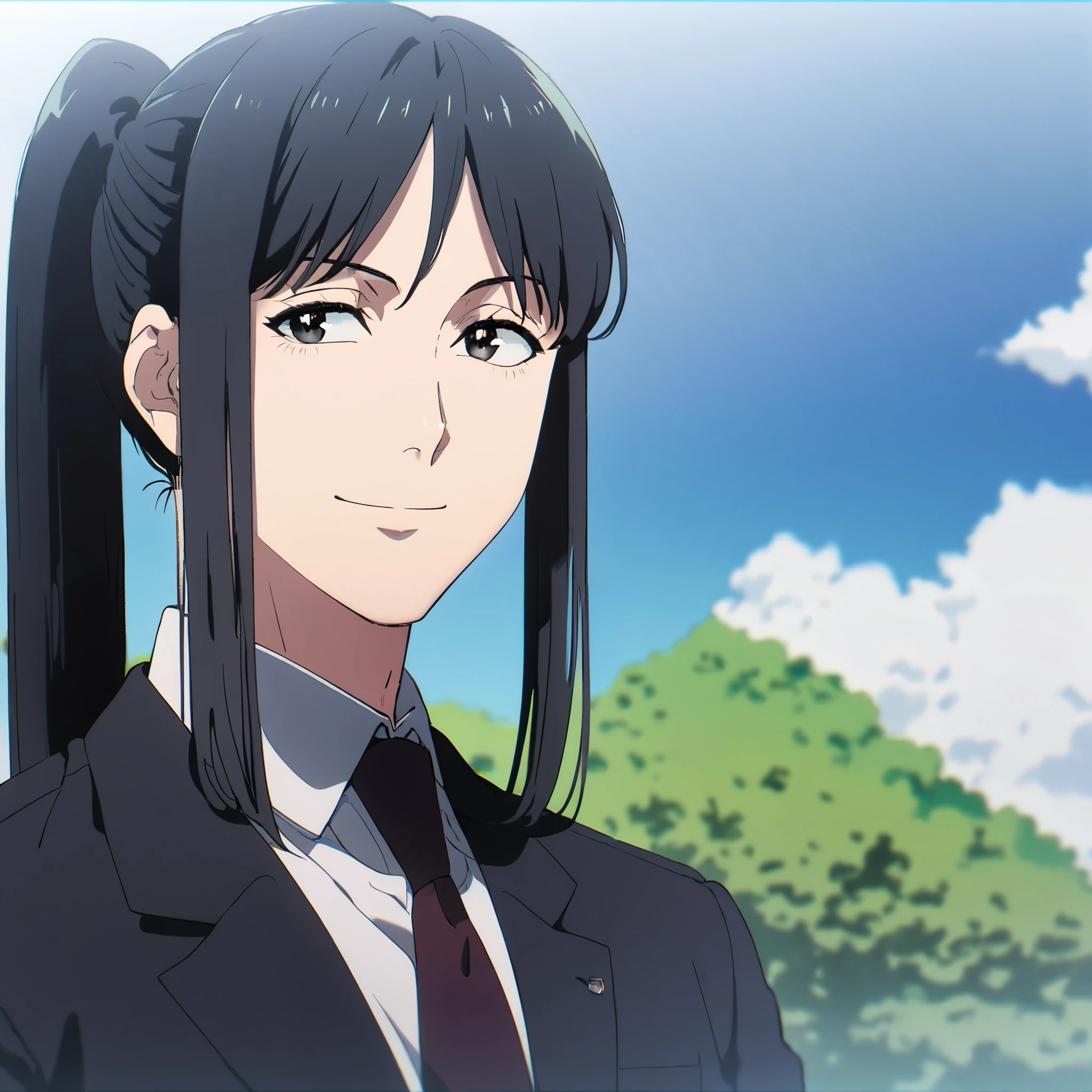 anime image, 1boy, japanese, male, young, straight hair in ponytail, long hair, black hair, black eyes, smiling, wearing suit