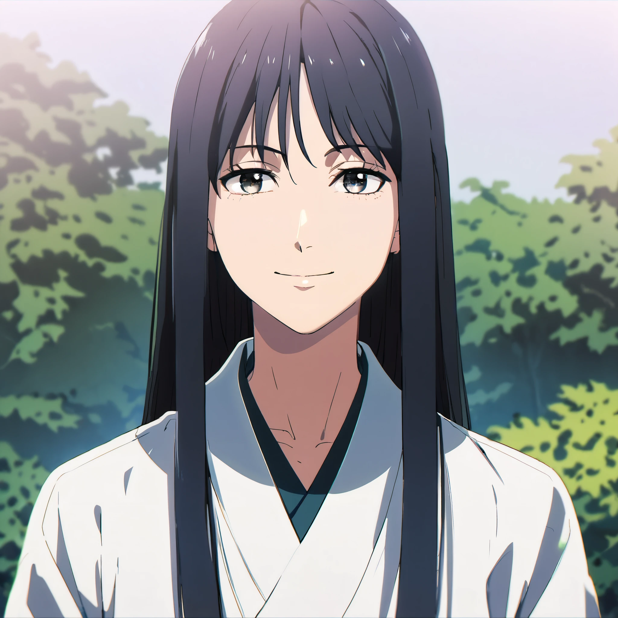 anime image, japanese, male, young , straight hair down, long hair, black hair, black eyes, smiling