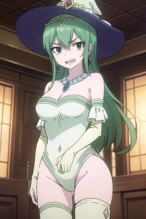 1girl, solo, facing viewer, looking at viewer, upper body, smile, WITCHREGRET, GREENHAIR, LONG HAIR, LONG BRAID, GREEN EYES, LIPSTICK, FEMALE
ELBOW GLOVES, THIGHHIGH BOOTS, HIGH HEELS, LEOTARD,PELVIC CURTAIN, cleava