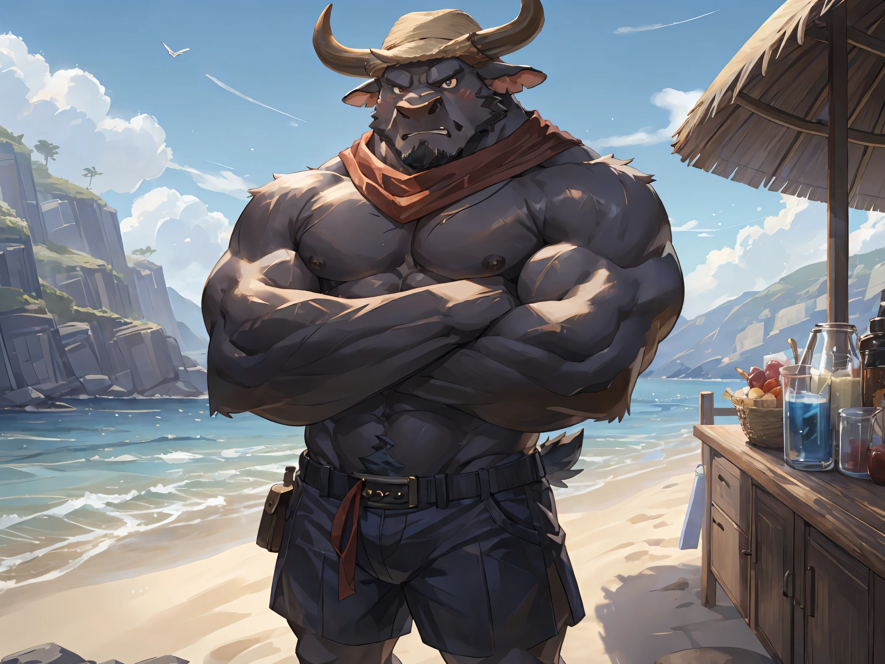 deep brown bull, red scarf, beach, (taking a photo), shorts, embarrassed, Fierce eyes, anger, straw hat, standing with crossed arms, masterpiece, (16K), HD, Various facial details, detailed background, very detailed, dynamic poses, Eyes details, high resolution, high quality, correct anatomy, cartoon, by_lindong, by null-ghost, (solo), (Upper body nudity:1.5), shirtless, topless, horns, bull tail, Holding a glass of juice