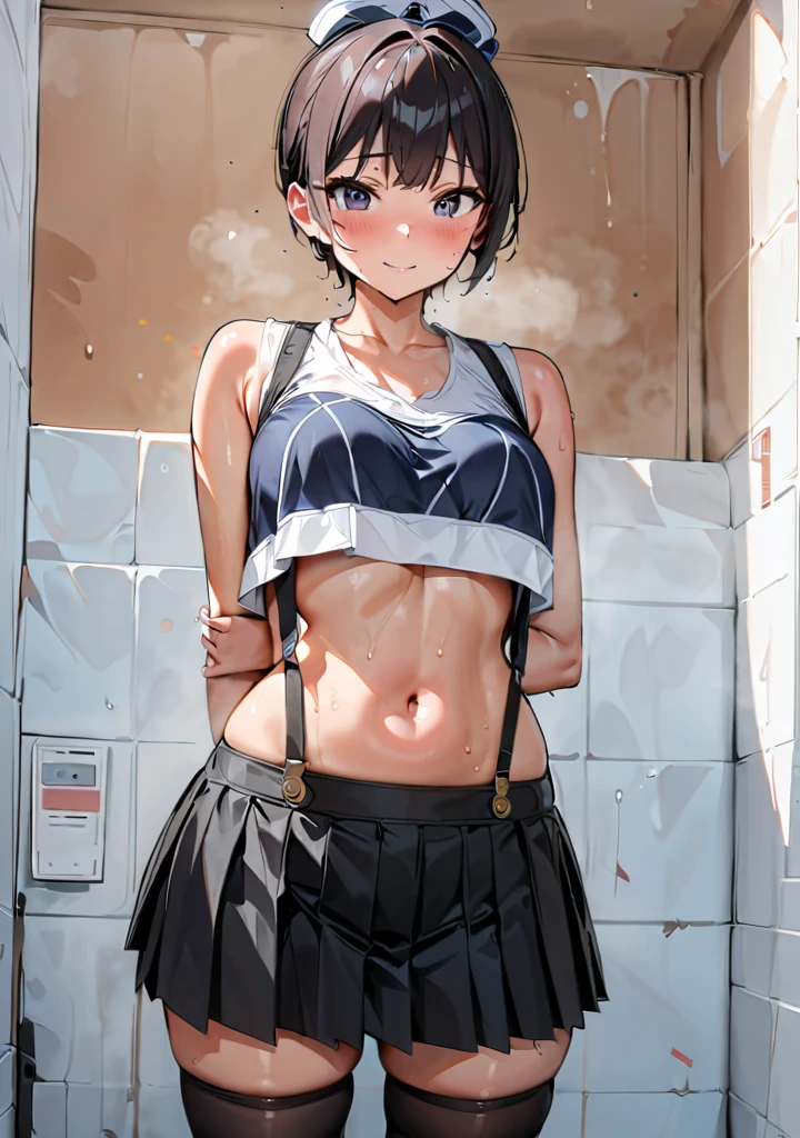 NSFw,((highest quality)), (masterpiece: 1.2), very detailed,(perfect and beautiful posture:1.2),(Solo,mature man),(short cut hair),(flat chest:1.4), ((confused,embarrassed and blush:1.3)), shyness:1.1, (Sweaty, sunburned skin:1.4), (tight Sports White bra, short Pleated blue sporty miniskirt:1.3),(White Panties:0.4,erect nipples:0.3),navel out, ((stand upright:1.5)),earrings,necklace,lips, steaming body, show teeth,midriff,At midnight,outside, black long socks,skneakers,thick red lips,drooling,excessive cum,skinny,outdoor,navel out,(tight thigts,legs crossed),heavy breathing,looking at viewer,mouth open a little,(chubby),tears,slit,((in the crowded Night park))